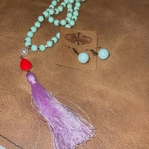 Plunder mint green and pink tassel necklace with matching earrings.